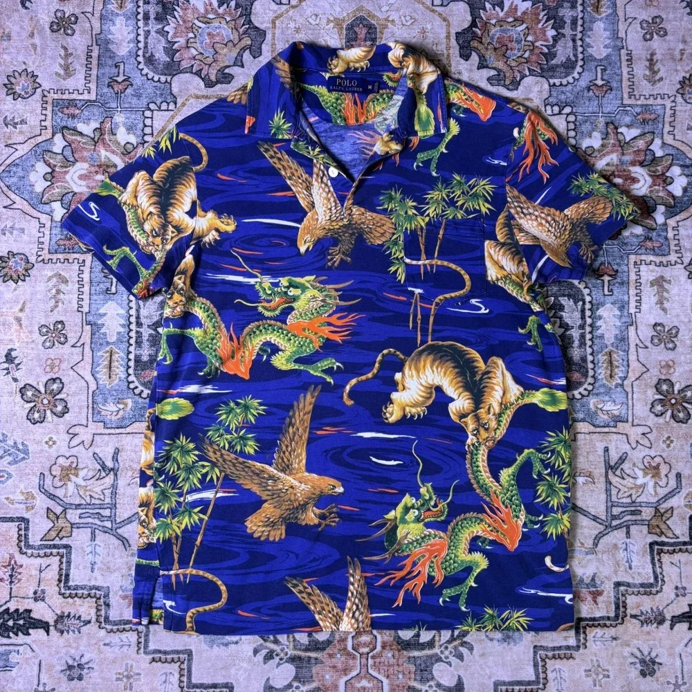 Polo Ralph Lauren Mens Blue Tiger Dragon Eagle Japanese Print Shirt Medium 2014